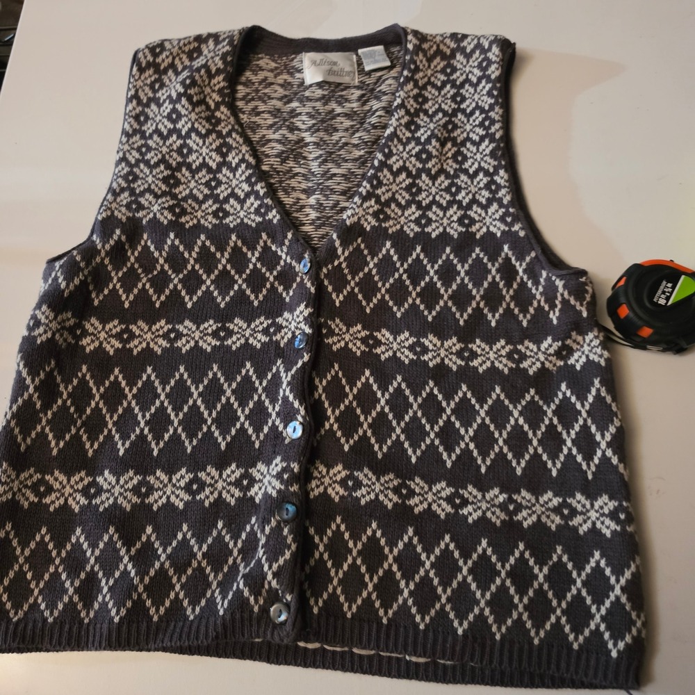 Allison Brittney Womens Gray Fair Isle Knit Button Front Sweater Vest Large
